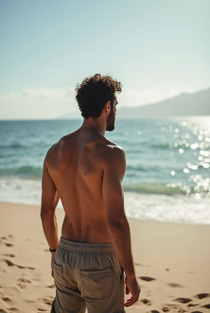 photorealistic, best quality, masterpiece, extremely detailed, sexy, homoerotic, extremely handsome, 20 year old greek man, looking back, smiling, holding out his hand, walking on the beach, extremely romantic atmosphere, perfect face, perfect fingers, perfect hands, perfection