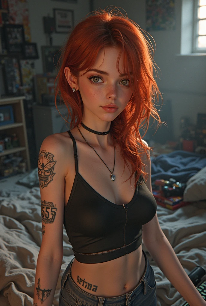 Saha Moore, a thin girl with medium but perky breasts , beautiful medium butt, tied to a bed in an erotic position on all fours and looking at the camera, chains on his neck, is inside a BDSM basement full of toys (whip, fustas, dildos, foals, machines toys) sexual, the flag, with his face full of fear and desire for what is going to happen to his master, the flag y con lagrimas en sus ojos. Her dress is partially torn, exposing part of her breasts, they cannot be seen completely., he has a torn shirt