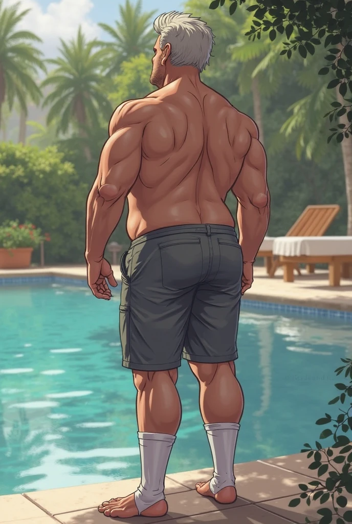 A strong and handsome 23-year-old Middle Eastern man, with a sculpted physique, confidently dressed in a baseball cap and a stylish speedo, highlighting his striking cleft chin and muscular arms. Gigachad.