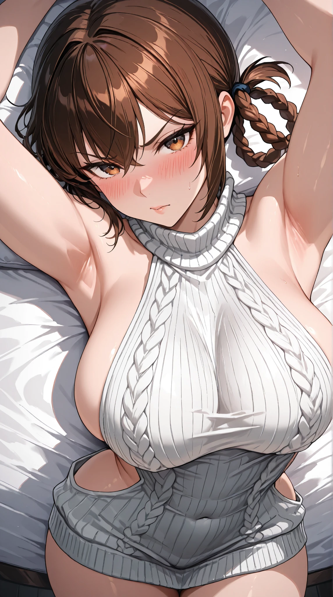 8K, high resolution, NSFW, from below, (gigantic ), (Dark skin), huge pelves, inner flesh, agnes tachyon \(umamusume\), swimwear,
, strong eyes, arms behind head, armpit,