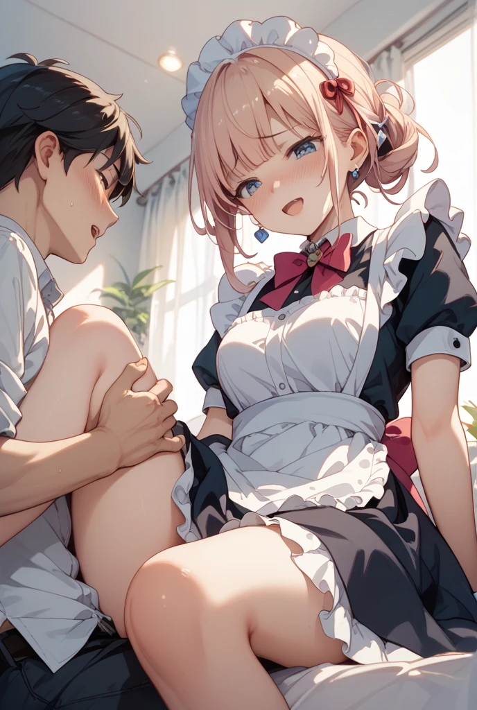 score_9, score_8_up, score_7_up, source_anime, 1girl, pink hair, pink eyes, pigtails, cat ears, small breasts, eyeglasses, micro bikini maid, headdress, blouse, skirt, apron, areola, cheeky face, light smile, bent over, back, vaginal, fat man, penis, private room, mansion,