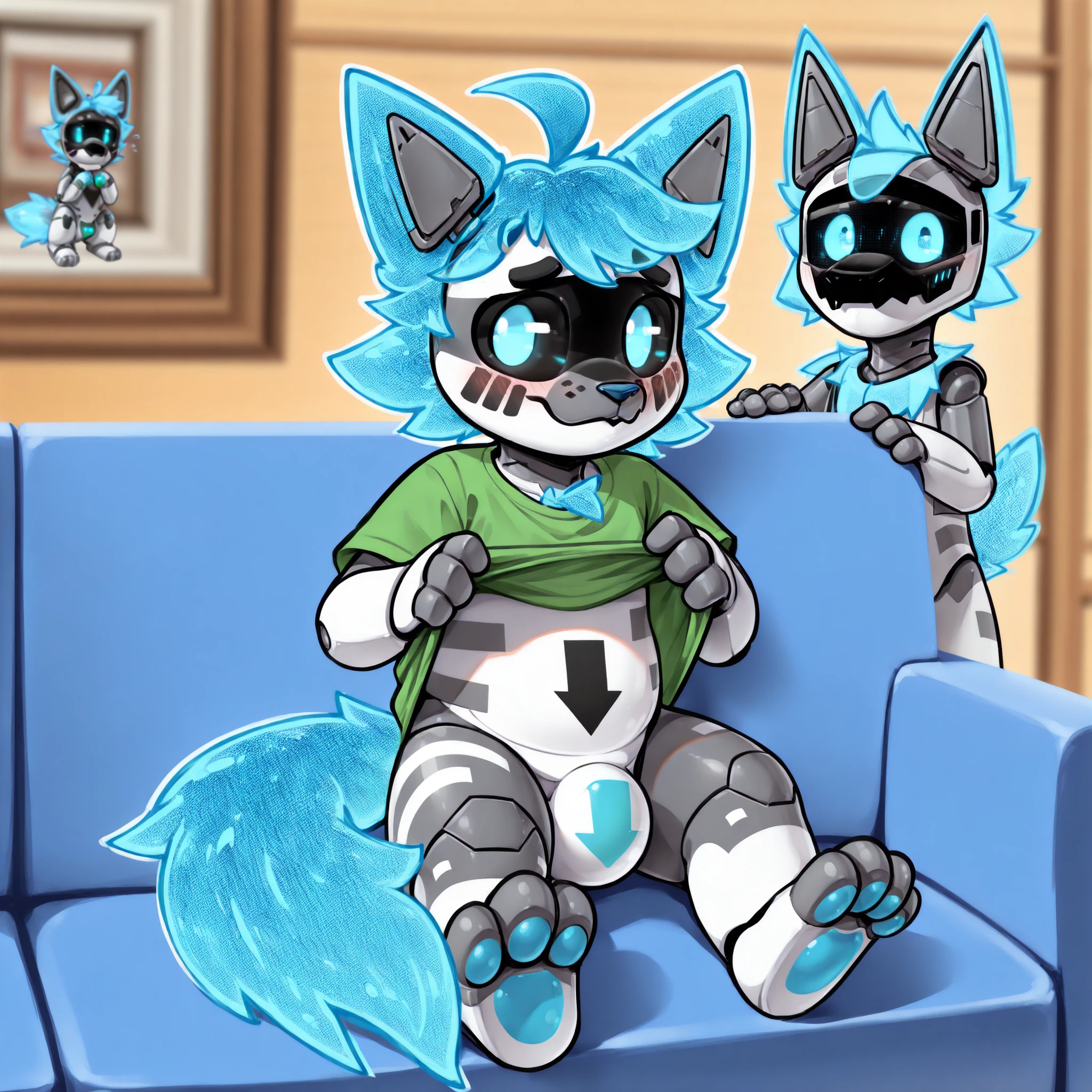 ((Small synth coyote , small , cute , toddler , young coyote pup , bottomless , arrow on belly, lifting shirt, green t-shirt , shy face , nervous, null bulge, pr0t0type, changed, solo, 1boy, tail, ahoge, metal body, blue hair, halftone, robot, robot joints, animal nose, paws, white marks, holographic fur, holographic hair, synth \(vader-san\), synthhead, synthbod, synthfeet)) , living room background , sitting on couch , blurred background , depth of field , golden hour , full body view