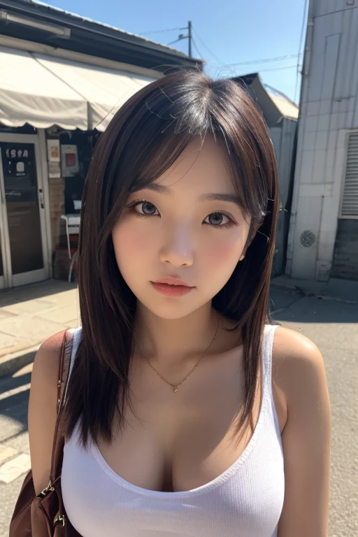 ((The most realistic lighting, best qualtiy, 8K, A masterpiece that amazes)), sharp fokus:1.2, A beautiful woman with a great temperament:1.4, Slim abs:1.1, ((dark brown  hair)), (White crop top:1.4), （exteriors，the night：1.1），urban street, Ultra-fine face，詳細な目，二重まぶた。
