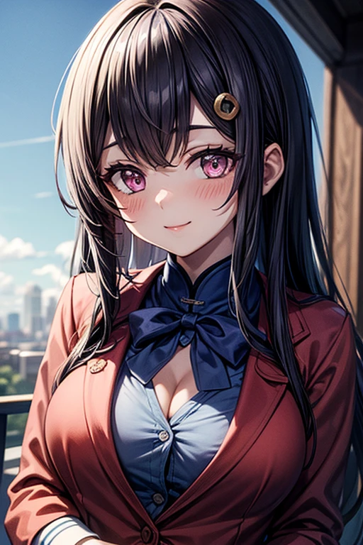 (highest quality:1.2, anime artwork, Very detailed, High Detail, digital coloring, High Contrast, masterpiece:1.2, highest quality, Best aesthetics), 8k,masterpiece, cute,tall,beautiful,best quality, 1lady,black hair,long hair,empty eyes, (finely detailed empty pupils and detailed face),,,,extremely detailed cg unity 8k wallpaper,solo,(latex military costume:0.9),large breasts,seductive smile,military hat,latex thighhigh,large breasts,black hair,pink eyes,pink leotard,pantyhose,military coat,enamel suits,grossy lips,sitting,bust shot,sadistic smile,,heel,shiny skin,military coat,detailed face,beautiful body,full-body,adult,
