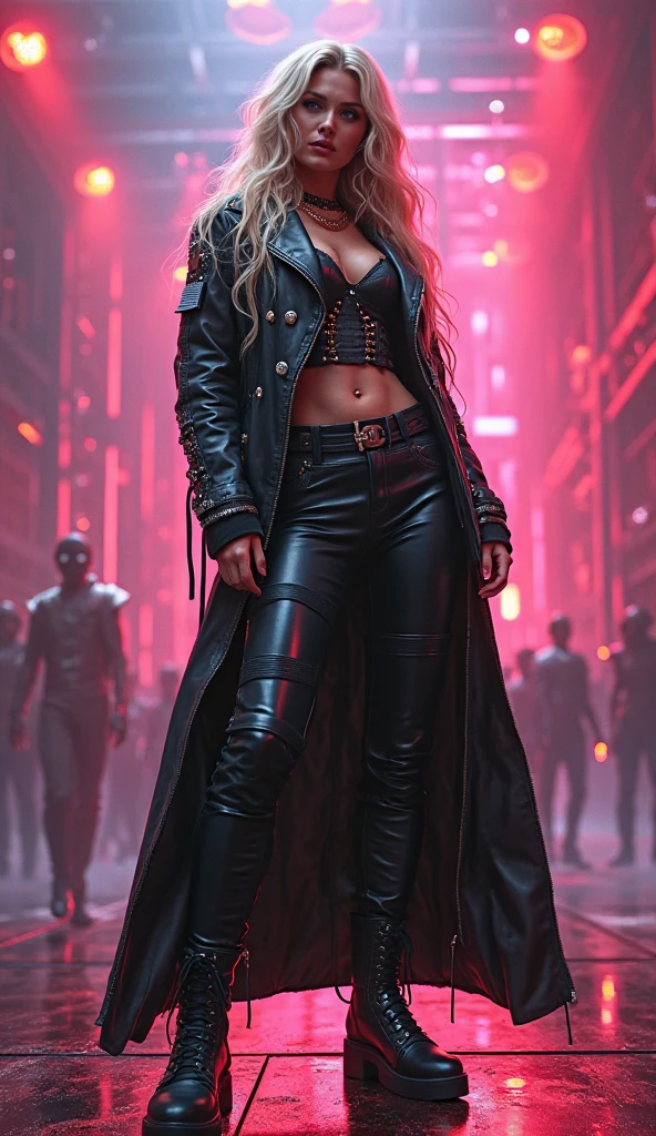 Full body photograph of a beautiful woman (Wearing black overcoat, sunglasses, large breasts, long blonde hair, black clothes) walking in a Cyberpunk town. Cyberpunk neon night setting, neon lights, light show, illuminated place, neon colors, colors focused on blue and purple. Futurism, (Masterpiece, high quality, focus on face, detailed face) realism, RAW, 8K