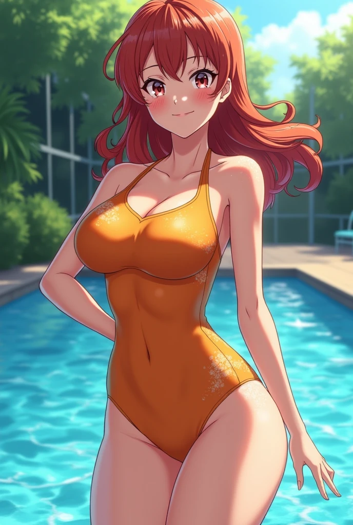 strapless leotard,, Leaky legs,One guy,Body fit perspective,Curvy, Athletic figure, Nami, orange long hair, Brown eyes, view the viewer, Shy, Smiling,Blushlush,Be red in the face,perspire,nose blush,inside in room,sofe