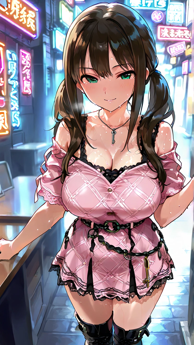masterpiece, formal, (Mature women standing in a line sticking out towards the viewer:1.4), (pink bodycon, micro dress:1.2), (fine eyes, perfect face, face focus:1.2), (Shiny clothes that reflect light and are very wrinkled:1.2), Sparkling, Sparklingした金色, (hoop earrings), necklace, Fishnet tights, hair ornaments, latex, glowing skin, glamorous perfect female proportions, fine surface texture, evil smile, blush, (venue),brown hair,ponytail