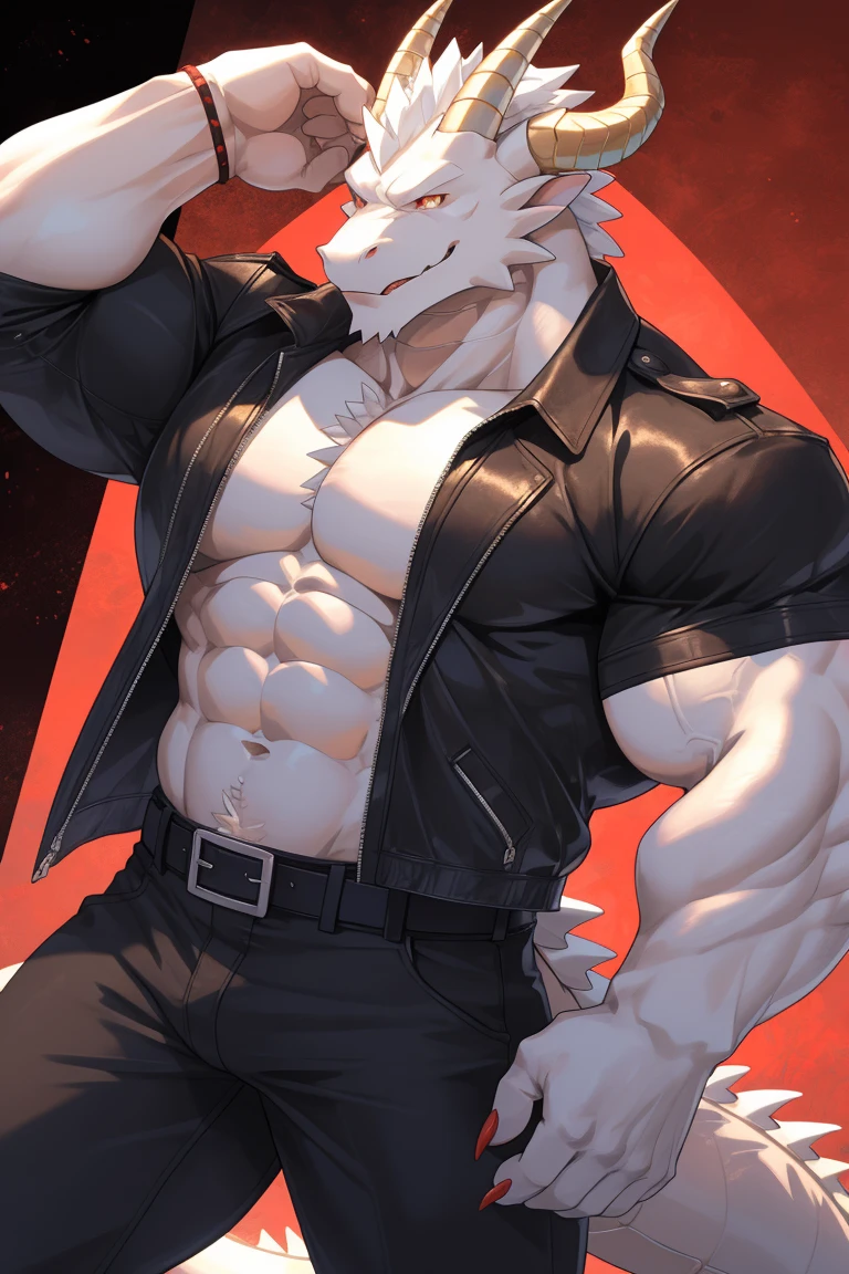 Thin macho　white dragon　　abs　　　　Hollow abs　　　thick arms　　　chest rig　　　、sweaty　　　skin glow　　profile　　Wearily　short of breath　　clenching one&#39;s back teeth　　Knees on the floor　　rubber suit