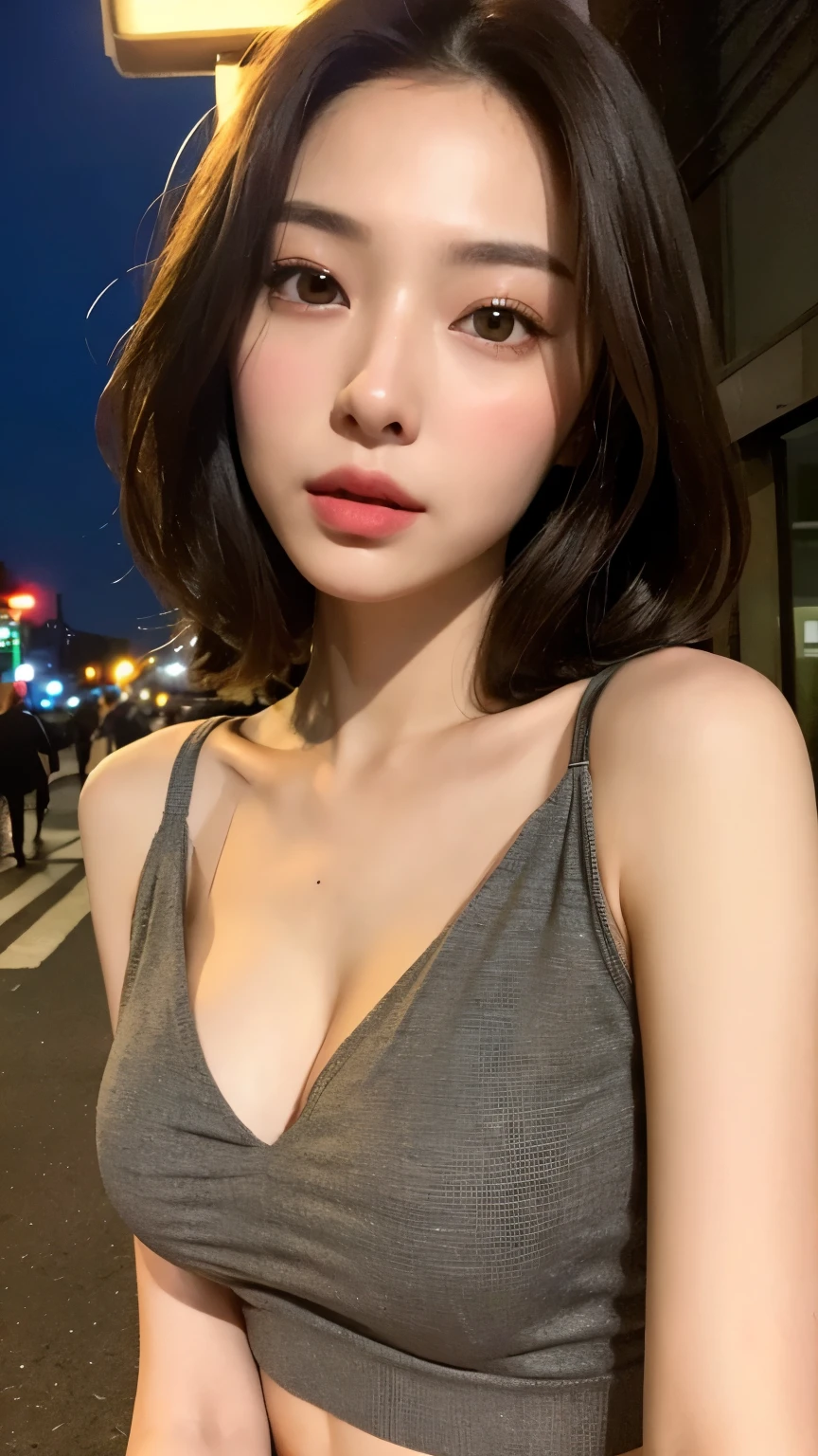 Female、Short Hair Outdoor Fair Skin Disheveled Hair Super Cute、Soft and face、Brown hair、8K分辨率、A hyper-realistic、ultra-definition、 Soft body toned ass night、A cup small breasts((Highest Definition、8K、masterpiece:1.3))、Ultra-fine face、Ultra Fine Lips、Fine eyes、二重まぶた、Black see-through:1.1、Nipples are visible、All nude