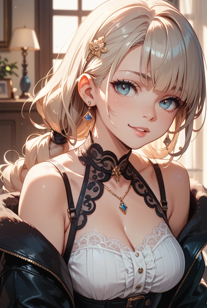 Anime Kawaii sexy Perfect Slim sensual body large breast and huge thighs, An intricate and highly detailed illustration of anime (Young girl). beautiful girl with pointed ears, blond hair, silver accessories, zipper unzipped, elegant, (best quality,4k,8k,highres,masterpiece:1.2),ultra-detailed,(realistic,photorealistic,photo-realistic:1.37),portrait,fantasy,cinematic lighting,dramatic colors,chiaroscuro,moody atmosphere