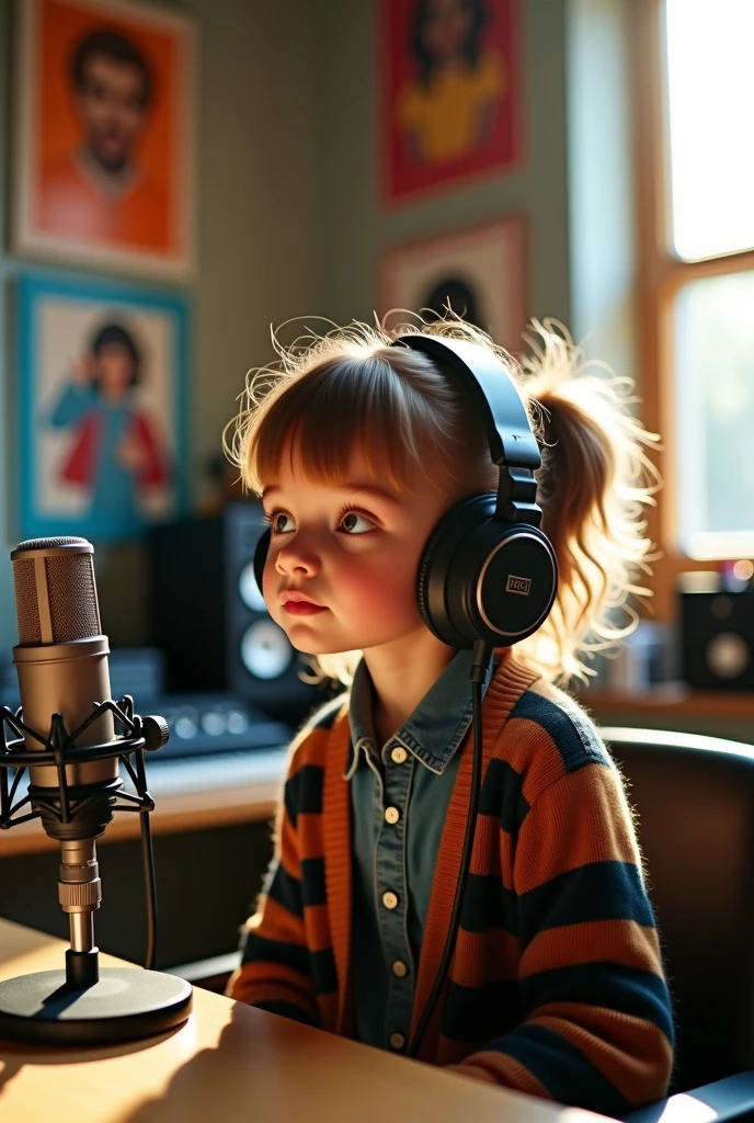 BLONDE CHILD GIRL USING A HEADPHONE , com longos cabelos  e uma camisa preta, background blue oil photo session, shot in the photo studio