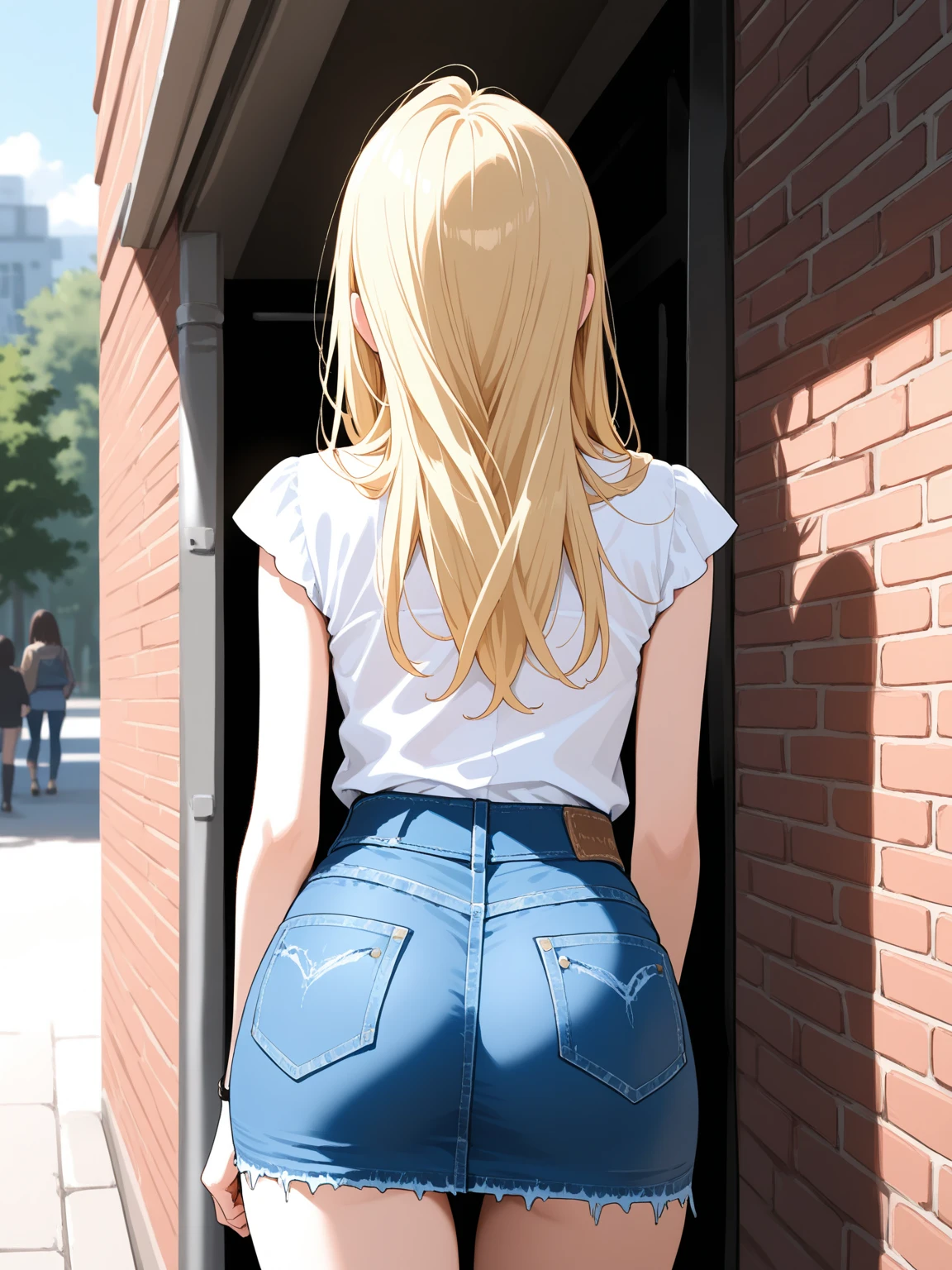 Within the university、campus、Beauty、Upper body、one piece、skinny jeans、During class。long hair、innocent face、corridor、Run、buttocks emphasis