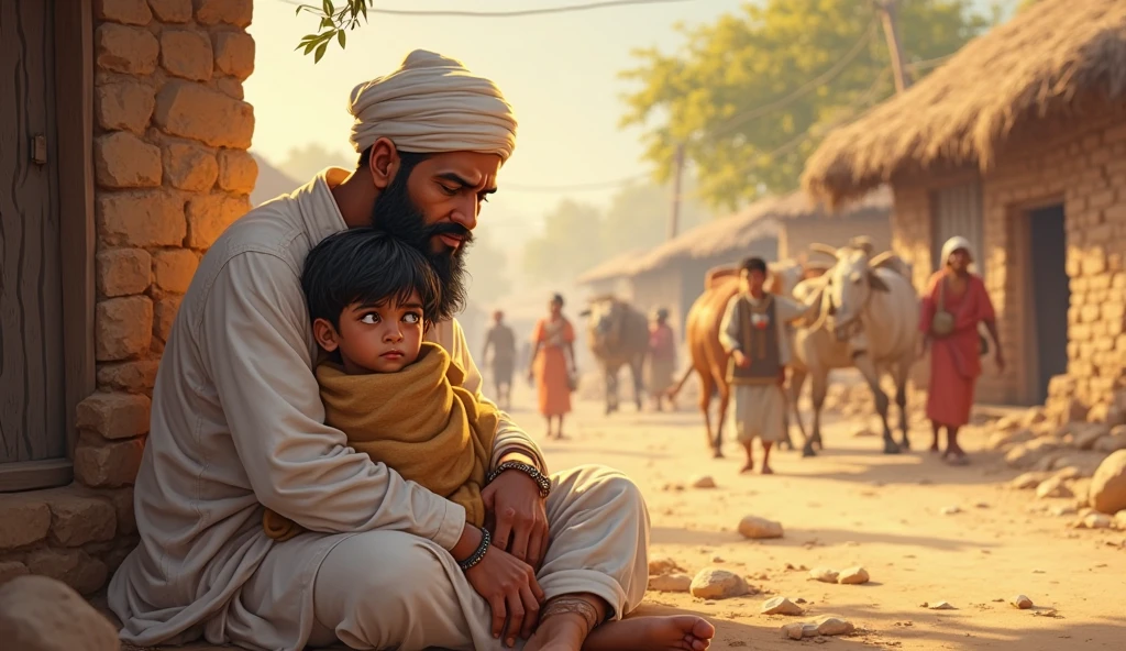 There is a man with a turban and a child looking at him, Atey Ghailan e Steve McCurry, Imagem absolutamente excepcional, beautiful depiction, Directed by: Michael Komarck, inspirado em Michael Komarck, arte digital detalhada, beautiful image ever created, foto de perfil, arte conceitual hiper-realista, pintura de personagem bonita, incredible depth, Pintura 4K detalhada