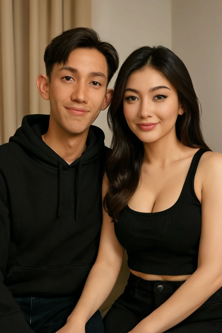 Gorgeous 45 years old ((matured)) malay step mom selfie with her 18 years old malay step son, she just wear tank top and tight short,lighting effect, romantic, room, big breast mom, upper body, mom and son scandle, incest, sweet couple