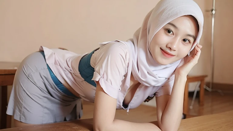 RAW photo, 4K photo resolution, Malay girl in white hijab, perfect face, beautiful, realistic, (realistic breast), breast exposed, (topless and thong), medium breast, ultra detail, professional photograph with professional lighting, shy, horny, in luxury hotel room, squat, cameltoe, NFSW, camera from below, close up camera at the pussy