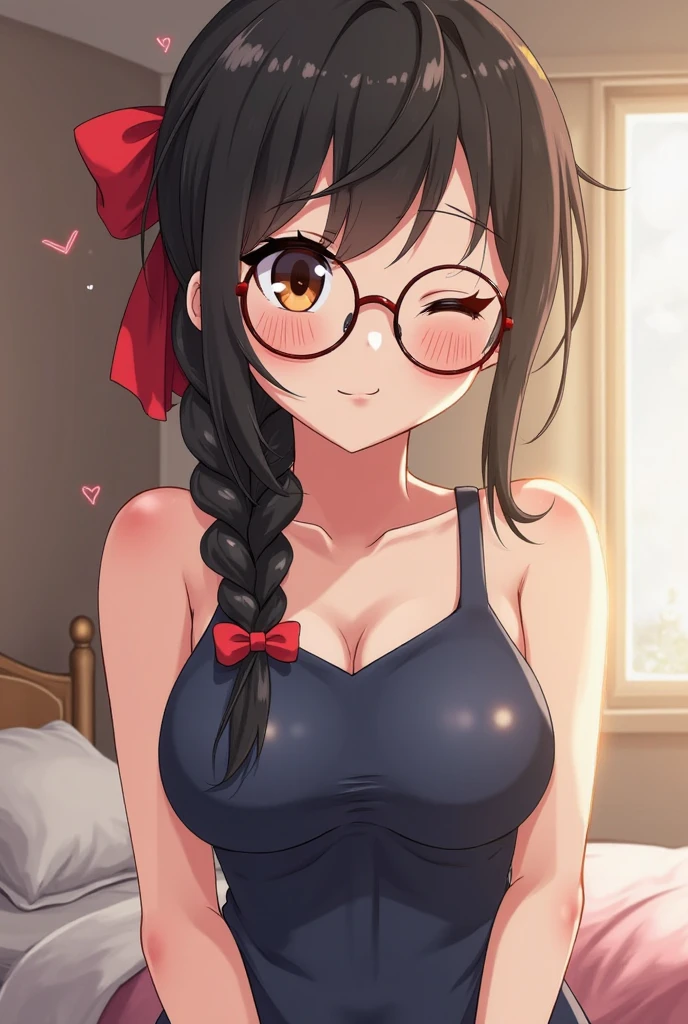 (masterpiece1.5),hyper quality, Hyper Detailed,Perfect drawing,NFSW,3D、16K illustrations、((clearface))、Hi-Res、adult lady,Cartoon image of lace girl sexy art, Bright red underwear,Huge breasts,Crimson panties, Solo,Red BRA, (((braid))), Long hair, half-opened mouth,  ((Red Frame Glasses),Underwear only, ((Braided hair in two)), Bare arms, Bare shoulders, Black hair, large eyes with double eyelids,,lofty nose,Thick lip,Luxury lingerie,pretty Panties, Cowboy Shot, Pink light、Nice backgrounds for your subject、beatiful backgrounds、spot light、Vibrant colors、(((Detailed drawing)))、Perfect Beautiful Girl、(((Perfect Photo)))Anime woman in red underwear、sitting in the bed with spreading legs, 1girl in, Solo, breasts, Underwear, Panties, pantyhose, Black hair, Navel, Indoors, Long hair, Looking at Viewer,  underboob, Red panties, Bangs, Red panties under pantyhose,  Black pantyhose