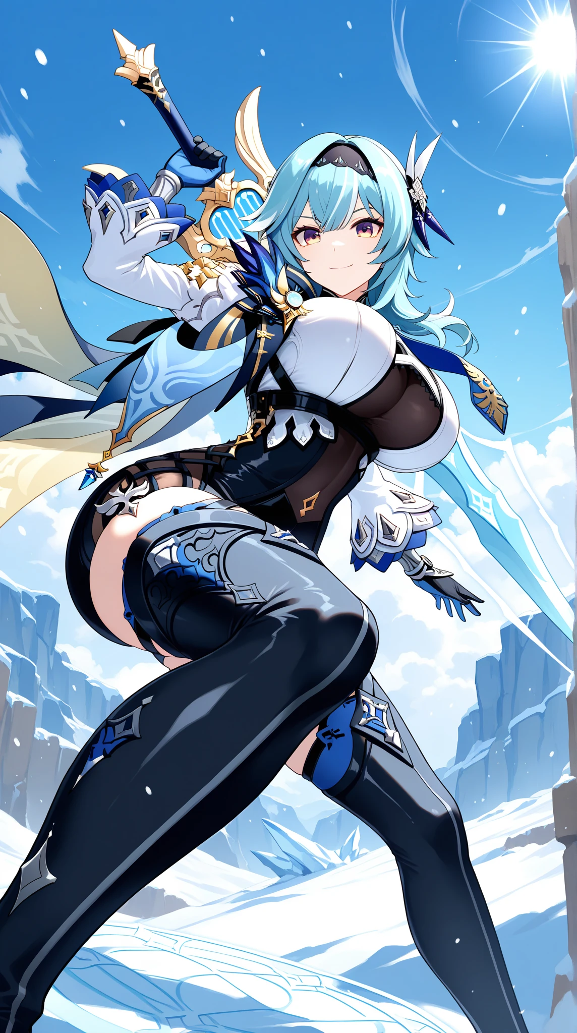 (masterpiece), best quality, extremely detailed, from behind, ass, 1girl, solo, eula \(genshin impact\),hairband,blue hair,multicolored eyes,necktie, shoulder cape, blue cape,vision \(genshin impact\),leotard, black leotard, thighhighs, thigh boots, long sleeves,gloves,sidelocks, clothing cutout, large breasts, thick thighs, blush, smile, straight-on, looking at viewer, wind, floating hair, snowflakes, mountain, snow, tree, outdoors, cowboy shot, <lora:eula:0.8> <lora:tony_taka:0.6>