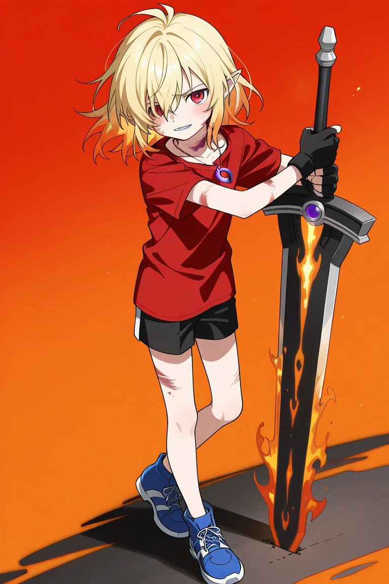 Anime girl, Short blonde hair with red highlights, Pointed teeth, macabre smile, black shirt with print, Jeans, personalized machine gun, white wall, Graffiti, Yellow and red green paint.