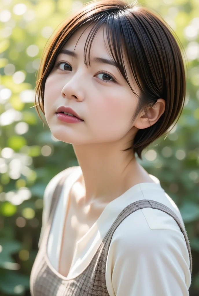 A masterpiece of analog film photography: Short-haired girl,Thin white shirt,Photographed by Hideaki Hamada using a Pentax 67II and Kodak Portra、裸