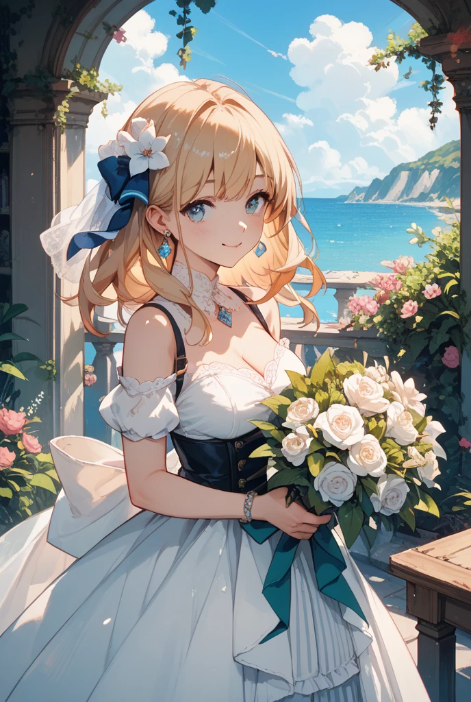 Hood \(warship girls r\),((masterpiece)),(((best quality))),((ultra-detailed)),((illustration)),((disheveled hair)),((frills)),(1 girl),(solo),1girl,ahoge,bare legs,bare shoulders,bird,blue sky,blush,bouquet,braid,breasts,bridal veil,bride,church,cleavage,closed mouth,cloud,cloudy sky,collarbone,curtains,day,dress,earrings,eyebrows visible through hair,flower,full body,hair between eyes,hair ornament,high heels,horizon,jewelry,large breasts,leg garter,looking at viewer,medium breasts,necklace,ocean,off shoulder,outdoors,pink flower,pink rose,red eyes,rose,sitting,sky,smile,solo,strapless,strapless dress,table,thighs,tiara,vase,veil,wedding,wedding dress,white dress,white flower,white footwear,white rose,wind,window, under-rim eyewear,Blue eyes with highlights,Blonde long hair(delicate eyes),