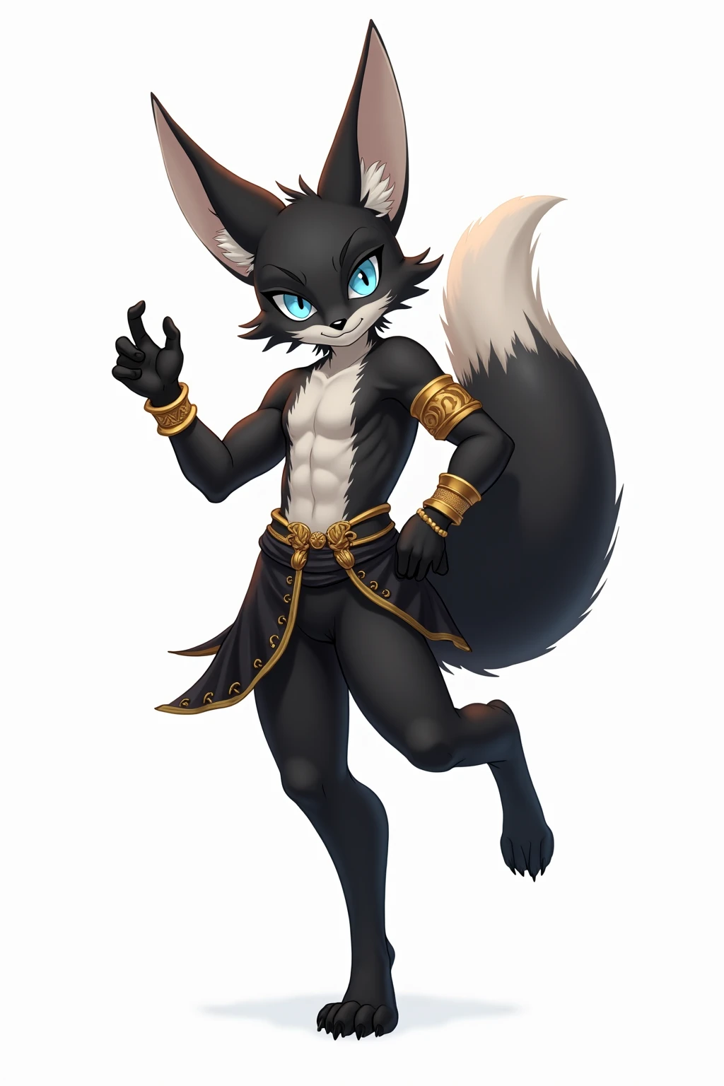 full body,Male, robot wolf, detailed yellow eyes, long tail, big nipples, slim, sly, simple background,feet, smirk, bulge, glasses, tail wrapping around body