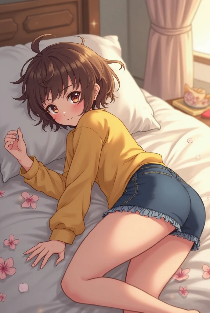 nude.master piece, best quality, detailed skin, 1girl,21years old. (seiza*1.3) soft lighting, nice hands, perfect hands, embarrassed, shy, looking back, looking at viewer.(white panties:1.3), .bob cut.black eyes,dropping eyes,small breasts..(white loose socks:1.2) 1girl, antenna hair, bangs, blush, brown hair,on the bed / on the couch, green eyes, hair bobbles, hair ornament, looking at viewer, open mouth, ,short hair, smile, socks, solo, teeth, underwear,