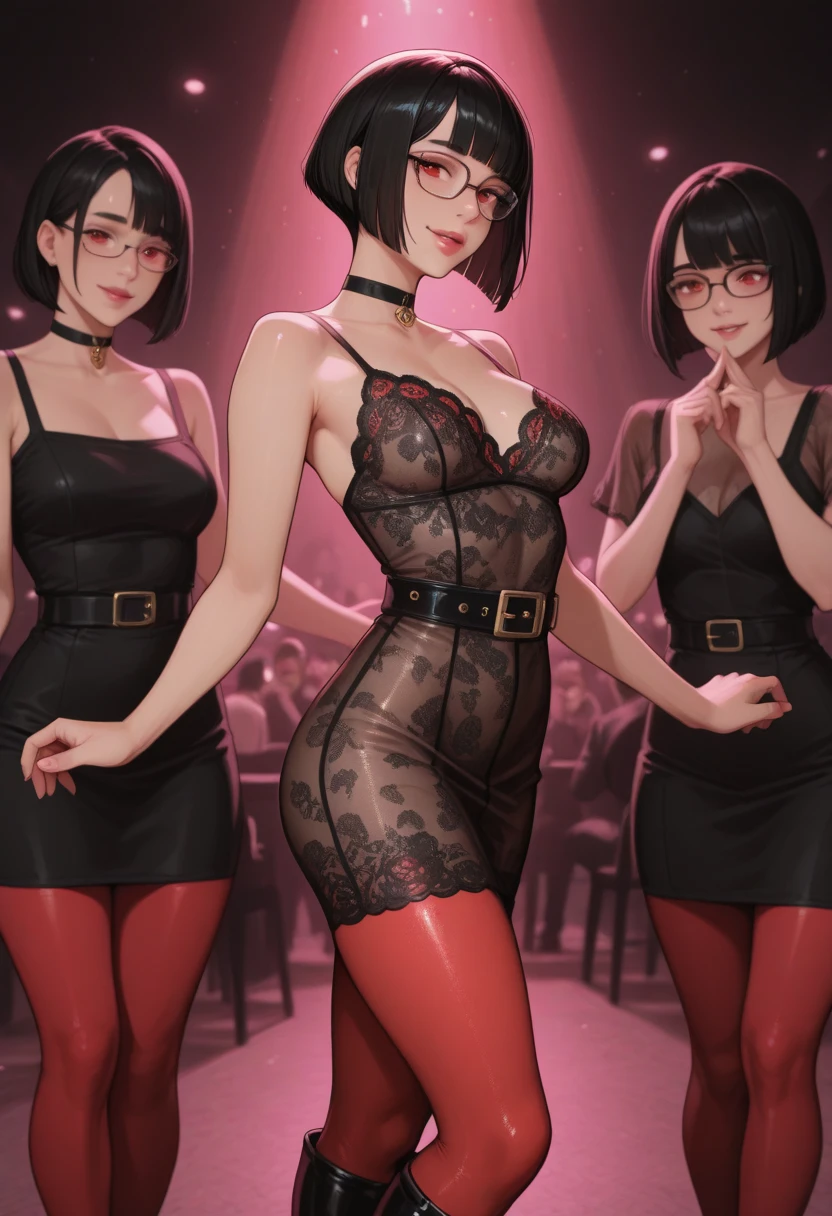 2 beautiful women, mature, brown hair, one with braided pigtails and glasses slimthick body, one with a ponytail and fit body, wearing lingerie, seductive smiles, standing in a doorframe, dynamic lighting, high contrast, two tone lighting