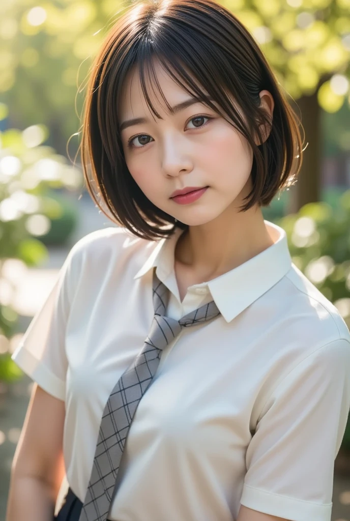 (table top, highest quality:1.2), 8k, 18-year-old, 85mm, official art, RAW photo, absurd, white dress shirt, cute face, close, Upper body, viola lace, gardenia, beautiful girl, school uniform, (navy pleated skirt:1.1), Cinch West, thighs thighs, short sleeve, classroom, ponytail、short hair、short hair、sit on a bench seat, looking at the viewer, no makeup, (smile:0.4), film grain, chromatic aberration, sharp focus, face light, clear lighting, teen, detailed face, background bokeh, (dark red tie:1.1)、日本の学校のclassroom、classroom