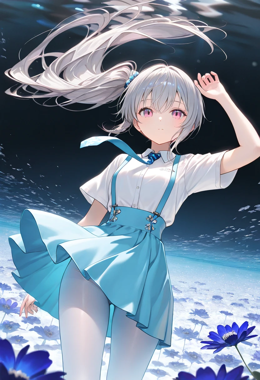 A nice white shirt that lets you see. 、Light blue flared skirt with ruffles、She lifts her skirt with both hands to show off her pretty white underwear.、Cute white underwear visible when you lift your skirt.、sandy beach, beautiful sea, night and starry sky