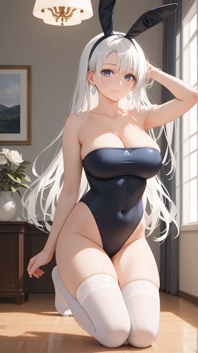 A beautiful silver hair woman with three braids and deep blue eyes, gazing condescendingly at the viewer with a cute grinning expression, extremely detailed and realistic, masterpiece quality, ultra-detailed, HDR, studio lighting, vivid colors, physically-based rendering, thick thighs, beautiful thighs, Woman warrior