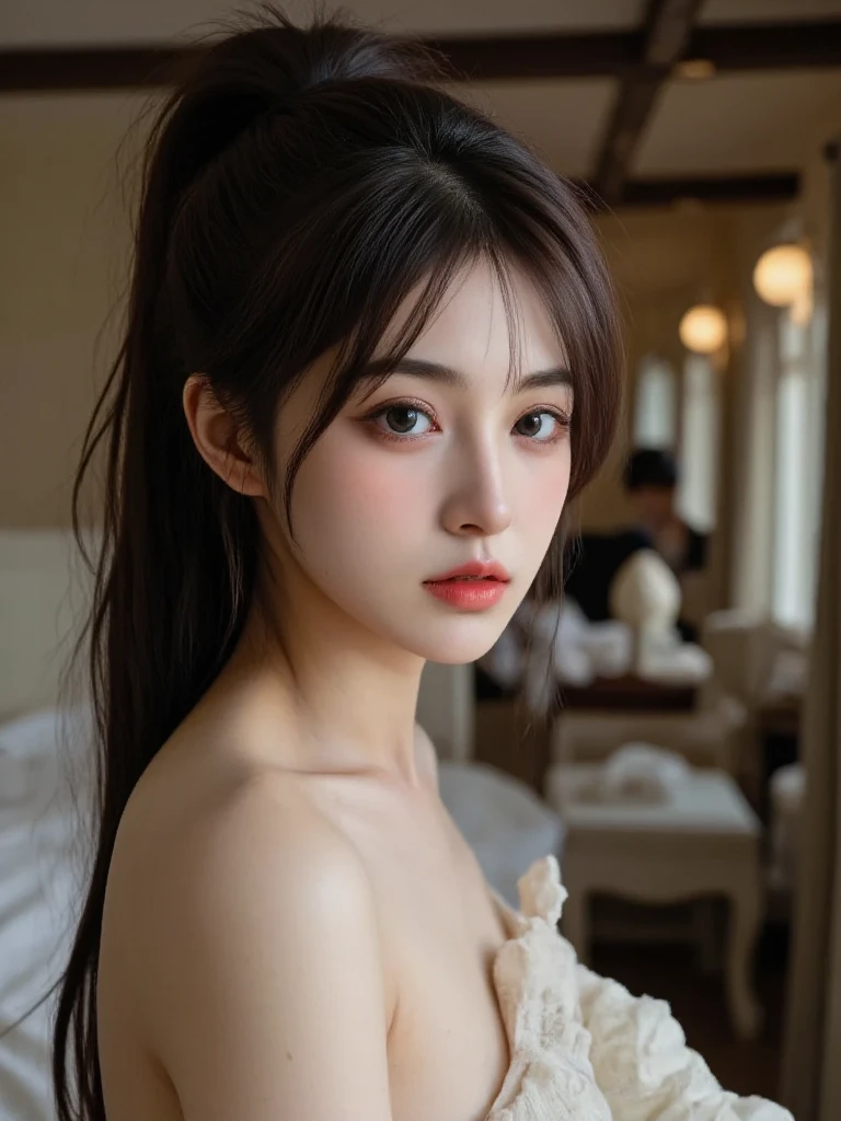 Best image quality, ultra high resolution, masterpiece, photo realistic: 1.8), pores, precision, 14th century Europe, rural area, see-through of linen, thin fabric, pale light, young woman, Japan person, birth of venus, naked, overflowing breasts, flower picking, symbolism as a woman, detailed depiction, 23 years old, cute,