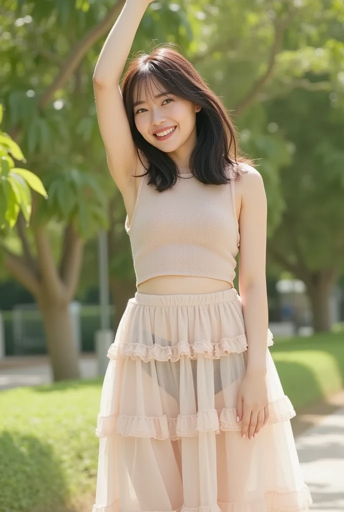 the Extremely Detailed CG Unity 8K Wallpapers、top-quality、ultra-detailliert、masterpiece、realisitic、Photo Real、extremely detailed cute girl、20yr old、(skirt rift)、(skirt lift by yourself))、white panties、panties focus、red blush、cparted lips、looking at the viewers、Half body shot、Wearing an off-the-shoulder shirt、(Large crowds)、(Crowded parks)、shorth hair,Sweet smile