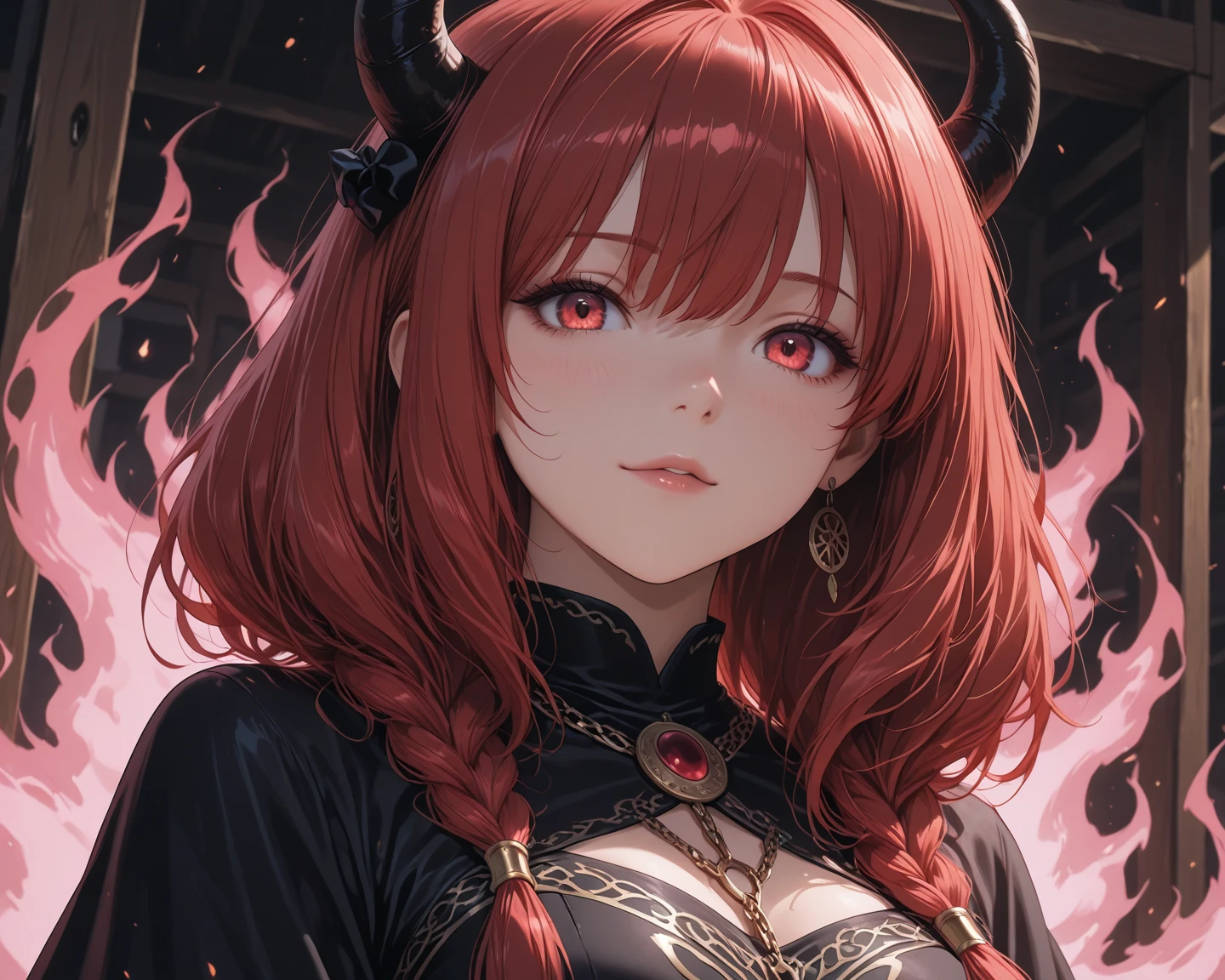 Very detailed, Seductive woman with horns and scratched face, (plump, Red hair), Face-centered, Face Focus, Complex eyes,