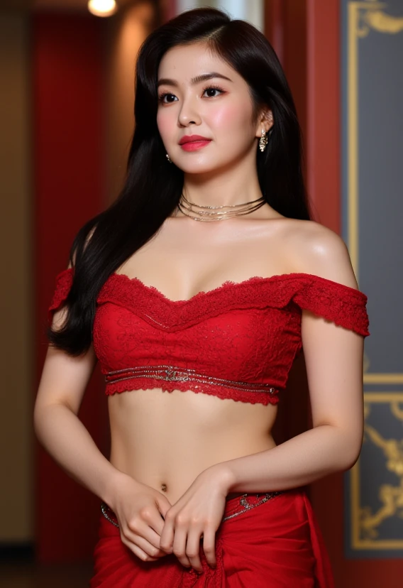 (realistic:1.3), A beauty girl with tattoos on body, beautiful art tattoo detailed, ((text tattoo on her legs: Fuck Me)), detailed beautiful eyes, big breast, cute chubby, baby face, insane detailed, quality, (masterpiece:1.2), (photorealistic:1.2), (best quality), (detailed skin:1.3), (intricate details), ray tracing, ((half body)), (((1girl))), (((1 person))), 20 years old, black hair, smile, red dress, skirt with pattern, color contrast between the dress and the skirt, skirt pattern, earrings, necklace, Javanese ornament, (blurred background)
