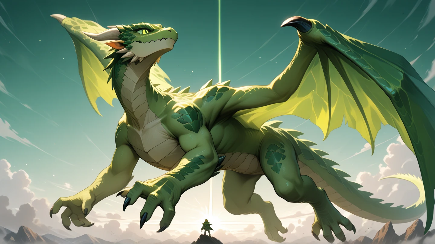 ((masterpiece), best quality, high quality, professional quality, highly detailed, highres, perfect lighting, natural lighting), green dragon, soaring over forest, lush green trees