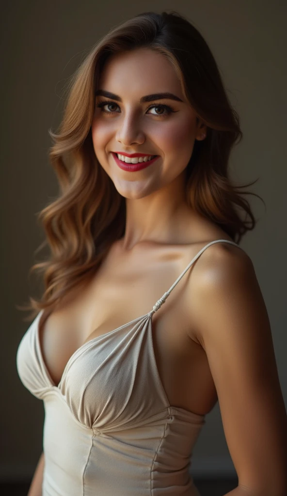 Elena Kampouris in sexy businesswoman clothes with lipstick and smiling