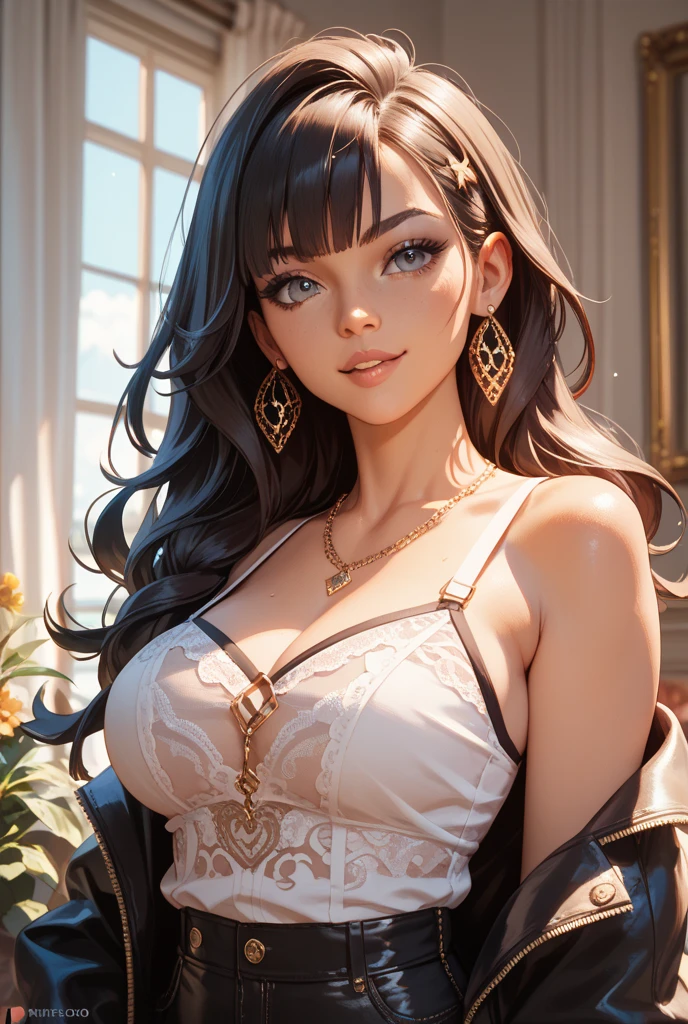 crazy smile, exposes her beautiful teeth, half-closed eyes, gothic eye makeup, breast curtains, no bra, under boobs, slender, well toned abs, tanned brown skin, messy hair, cross-legged