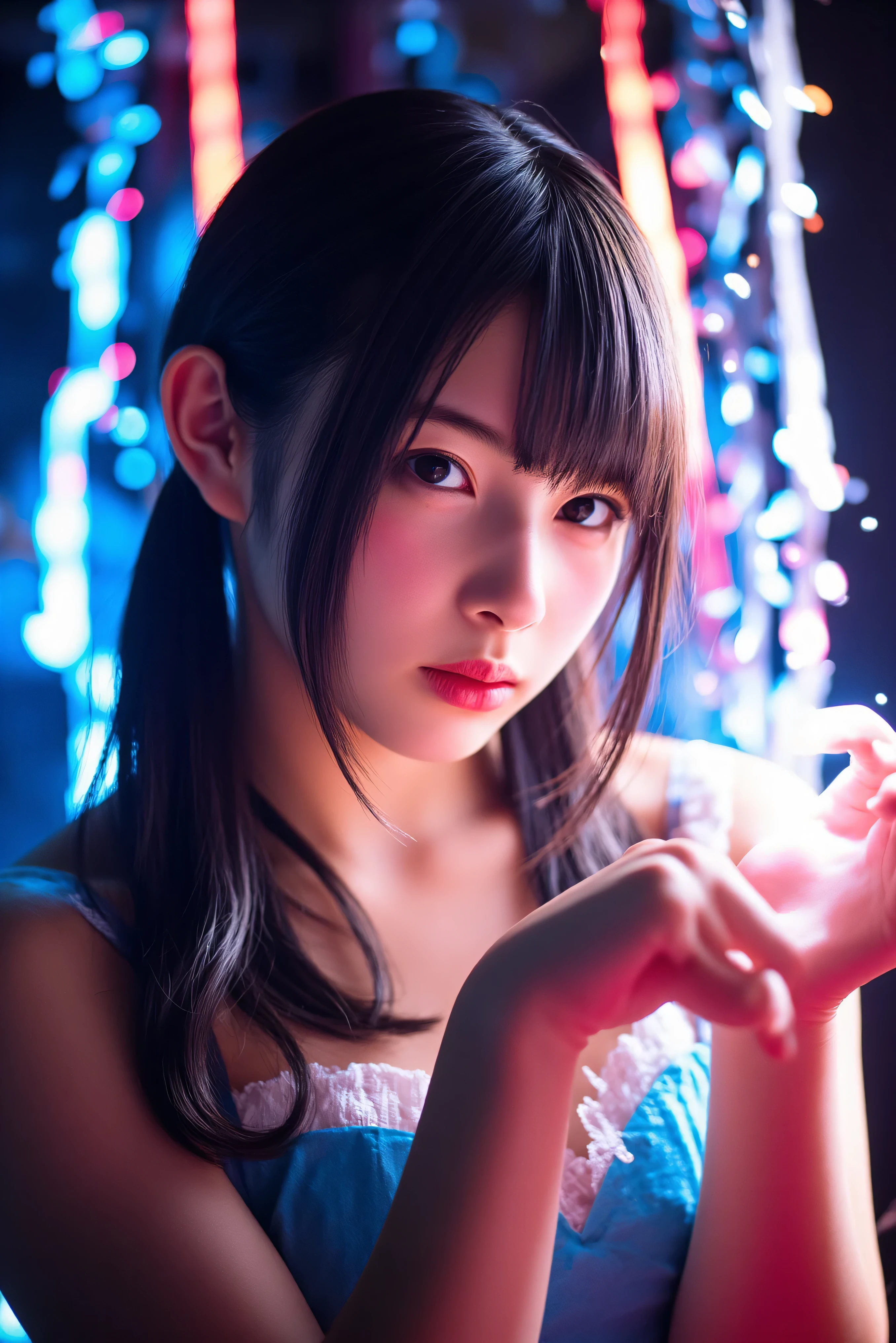 40-year-old Japanese woman、Black Hair、Hair is very short、Twin tails、Hatsune Miku Costume、Headphones、Flat Chest、Realistic photos、Realistic、8K quality、expensive、No bangs、High resolution, Highest quality, Anatomically correct, Winner of numerous awards, Ultra high definition, Live Performance Venues、Playing the keyboard