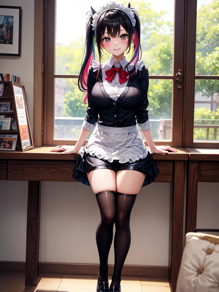 masterpiece, highest quality, One Girl, Thighs, beautiful girl, Small waist, Official Art, RAWphotograph,colorful、Bright lighting、Face Light, Ultra-realistic, High resolution, photograph, Sharp focus, Highly detailed eyes and face,Symmetrical face, whole body、Large Breasts、Long Hair、チラリと見えるThighs、Beautiful cleavage、smile、lipstick、ponytail、whole body、Embarrassing、White shirt、(suit)、mini skirt、High heels、Trying to hug with both hands