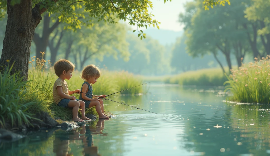Two teenagers lying sleepy fishing, each one has a fishing rod, they are on the edge of a stream and are lying down. They are two boys about .