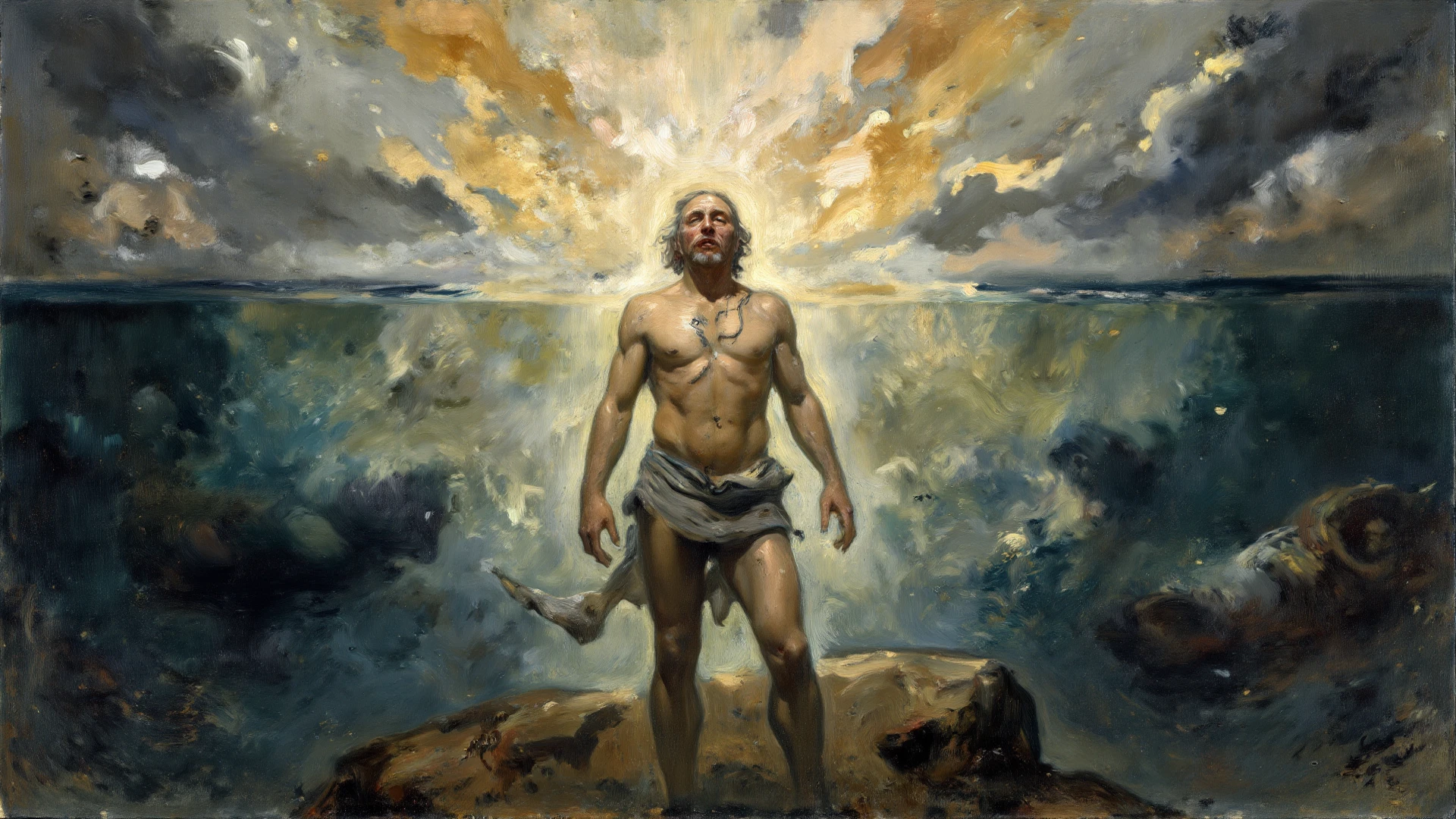 renaissance oil painting by Sandro boticelli:: Edwardian painting of a man in his 30s, handsome 1910s man, attractive, by the river, muscular, drying off, feet in the water, painting, Renaissance style, centered, fresco style, brush stroke texture, full body,