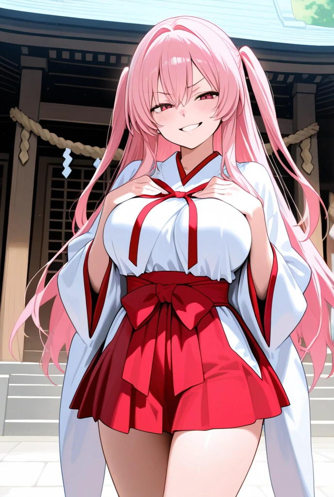 1 girl, long pink hair, red eyes, white complexion, casual dress, big breasts