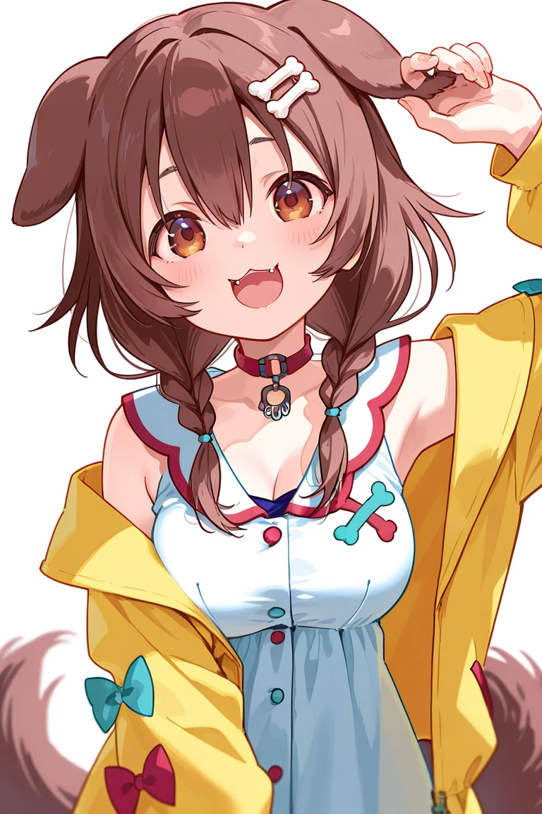 (muste piece), (best quality), (score_9, score_8_up, score_7_up), very detailed eyes, expressive eyes, perfect face, very detailed face, highly detailed face, beautiful girl, 8K, beautiful girl, white background, delicate and beautiful face and eyes, dark intense shadow, 1 girl, vtuber style, cool girl, hololive, Inugami korone, animal ears, bone hair ornament, brown hair, hair ornament, twin braids, dress, braid, claw pose, dog ears, white dress, yellow jacket, nail polish, collar, long hair, close mouth, red collar, hair between eyes, bangs, wristband, dog girl, low twin braids, smile, fangs, brown eyes, bracelet, open jacket, buttons, hairclip, open clothes, short dress, long sleeves, underpants, cameltoe, big chest, shy expression, blush, (full body), doggystyle, sweating, from back, ass focus,