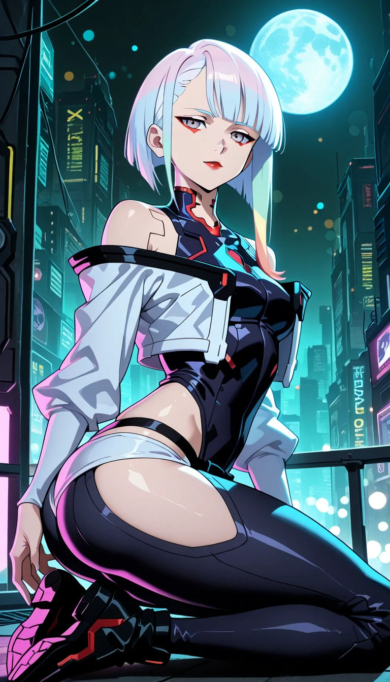 gloomy composition, gloomy background, Lies, lying by the window, night city, Cyberpunk city, very detailed eyes, Beautiful figure, Lucy from the anime series Cyberpunk Edge Runner, a 1girl, facing the viewer, Beautiful figure (Proper Anatopy 1.1.), in full height (Body Full 1.1), Slim, Slender figure, Slender figure, shapely legs, Anime style, white colored hair, white colored hair, that disappear at the ends, Bob hairstyle, short white jacket, tight black suit, Cutouts on the shoulders, Cutouts on the chest, Neckline at the waist, Skinny black leather pants, Very detailed face, Very beautiful face, Very sexy ass, in full height (Body Full 1.1), small elastic breasts, Little ass, Beautiful slim figure, small buttocks, black tight suit, darkly，gris & Dark Style：1.1), Light, femininity，tmasterpiece，beste-Qualit，higly detailed，Visible to the feet， 8K resolution， High Sharp， 8K resolution， higly detailed， 8K UHD， Professional lighting， Photon mapping，physical based rendering， a perfect face， detailed face and body， ray traced， expressive look， Cinmatic Lighting，elastic small breasts, Heightened sexuality，
