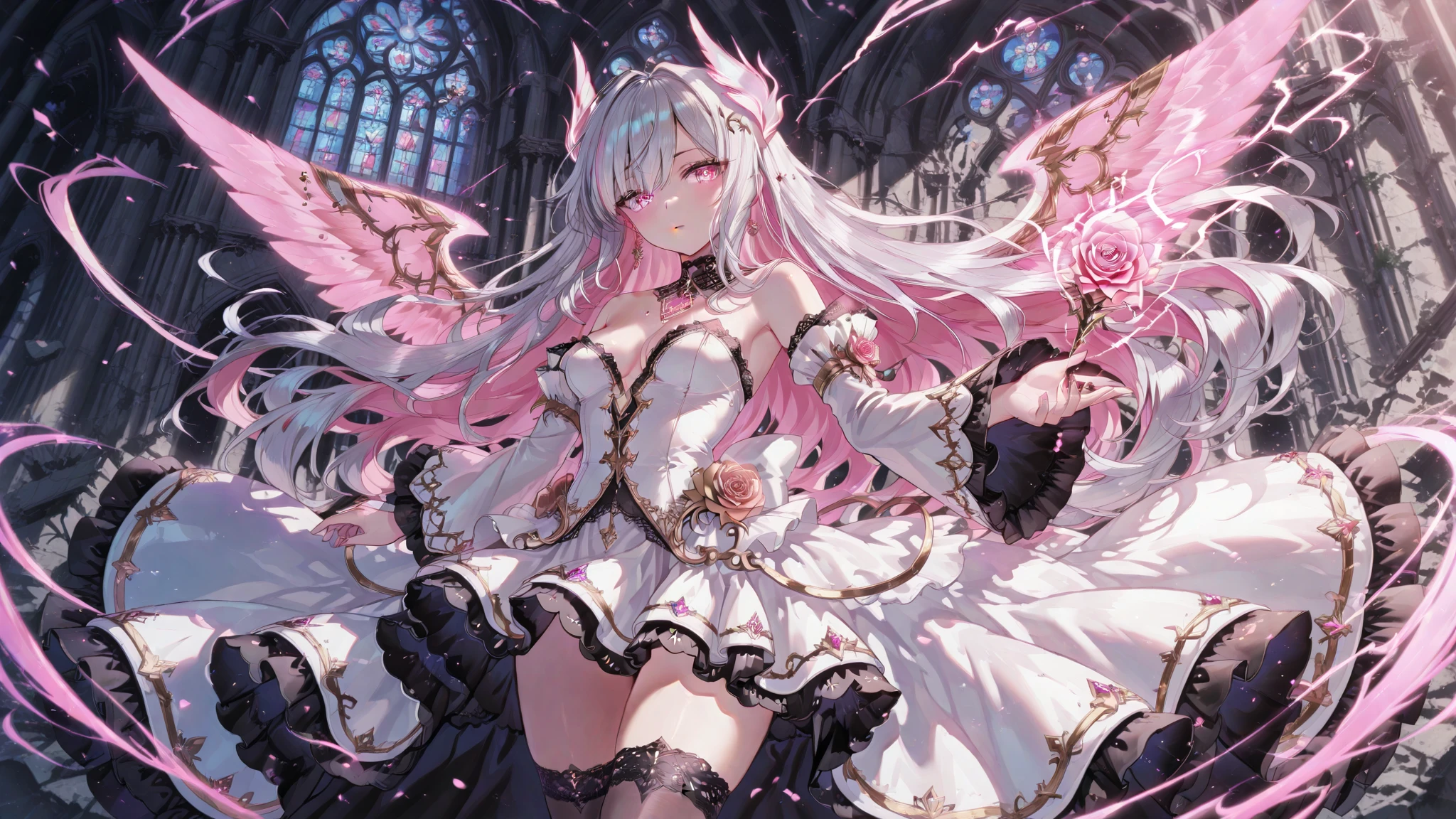 ((Highest quality)),(Ultra-high resolution),(Very detailed),(Detailed Description),((The best CG)),(A masterpiece),Ultra-detailed art,Amazing painting art,(Works with precise details:1.5), (1 female:1.6),(Beautiful and well-proportioned face:1.5),(Curly Hair:1.6),(Intricately detailed lace dress:1.8),Fine jewellery with exquisite detailing:1.5,Waist Accessories:1.5,Look at me and smile:1.5, (See-through nipples:1.1),, Angel Girl, (((Magnificent white angel wings on his back:1.2))), Mature Woman,Descended into the church,(Pastel colored hair:1.3),(Red and black long high heel boots:1.4),garter belt,stockings、 (Floating in the sky with magical powers:1.1),(Floating skirt:1.5), (Embarrassed expression, blush:1.2),anklet,heart choker