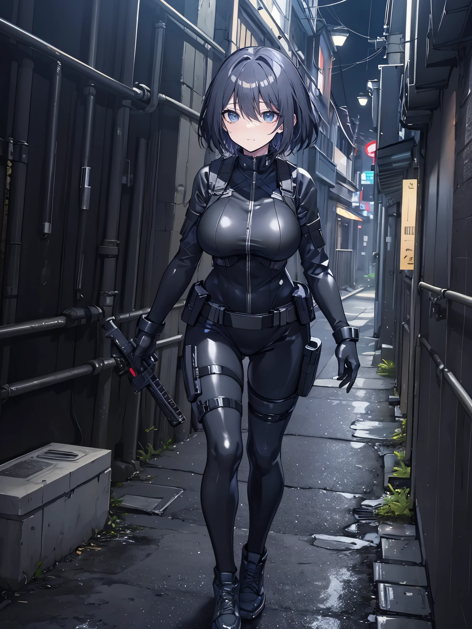 ((best quality)), ((masterpiece)), (detailed), anime girl gesture, walking, (looking away), shy look, short black hair, big breasts, sexy, ,ojos detaileds, blue eyes, (((pale skin))), tactical hip covers, chest harness , ((battlesuit tight black)) ((black gloves)), ((shiny black tight leggings)), Special mission, ((at night)), ((dark alley)), city, heavy rain, Approach,