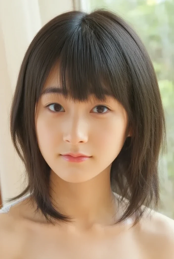 Japanese teenage girl with curly brown hair and droopy eyes