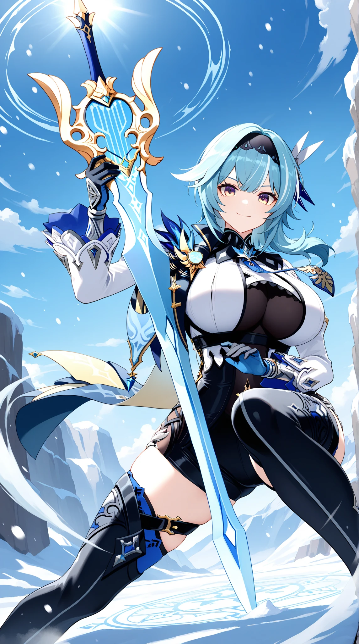 1 girl、Silver short hair、knight、Less Armor、Lots of cloth、Blue and black decor、Chest a little big、Ice crystals、Expose、Carrying a weapon