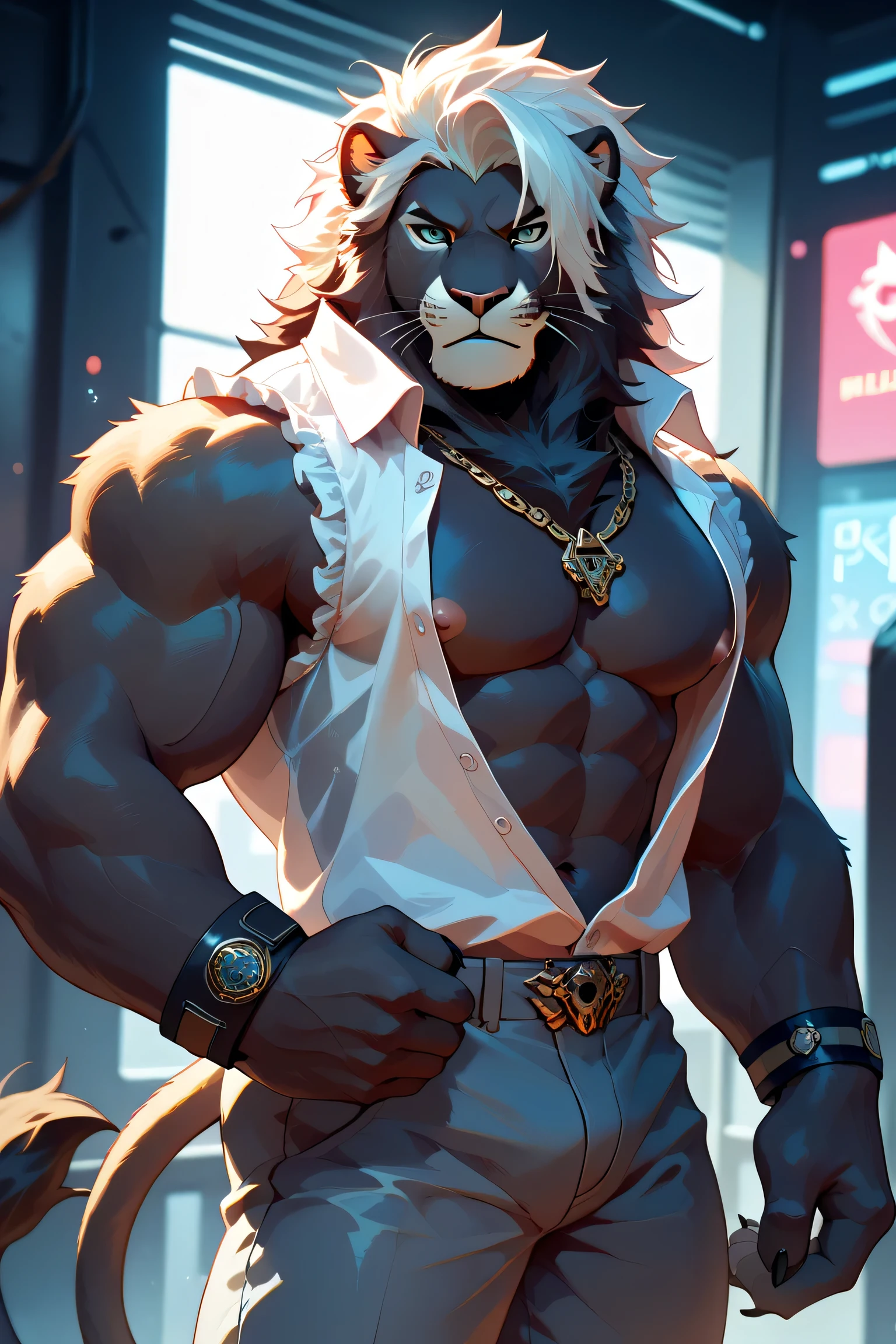 Lion, (((detective outfit))), (open trench coat), (fedora), exposing pecs, showing pecs, showing chest, male, solo, adult, abs, ((mane)), pecs, big pecs, nipples, older, strong muscles, huge muscles, big mane, long mane, detailed face, beautiful eyes, muscular chest, muscular, serious face, bodybuilder body, beefy, night city background, looking at viewer, gray pants, bulge, body hair, hairy chest, by bruteandbrawn, by personalami, by kenket, (intricate, high detail, film photography, soft focus, RAW candid cinema, photorealism, realistic, photorealistic, analog style, subsurface scattering, masterpiece, best quality, ultra realistic, 8k)