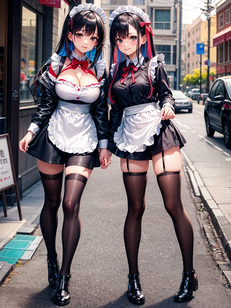 Two women are walking down the street side by side wearing navy blue maid outfits., alone, skirt, panties, underwear, (shiny light blue satin panties:1.3)、(shiny light pink satin panties:1.3)、横紐レースpanties that cover the butt、Liar, Thighhighs,garter belt, 風でskirtがめくれている , think back, realistic,Angle from the back, Two-dimensional beautiful girl